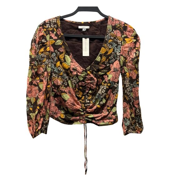 MOTHER The Cinch Top XS Brown Floral Puff Sleeve Ruched Front Lightweight Blouse - Picture 5 of 10